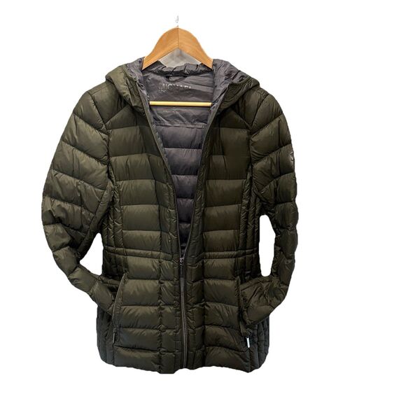 Michael Kors Womens Packable Hooded Down PufferJacket Size M Olive Logo Back Zip - Picture 3 of 16